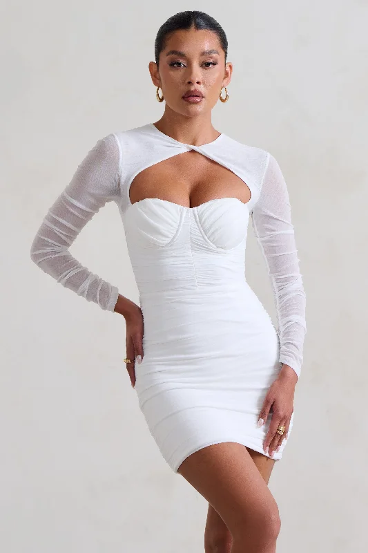 Daiquiri | White Ruched Cut Out Mesh Mini Dress With Long Sleeves Trendy Mesh Mini Dress