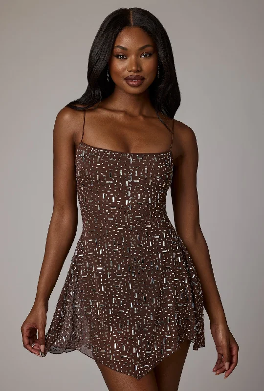 Sheer Embellished Scoop Neck Mini Dress in Deep Cocoa Fashionable Polka Dot Mini Dress