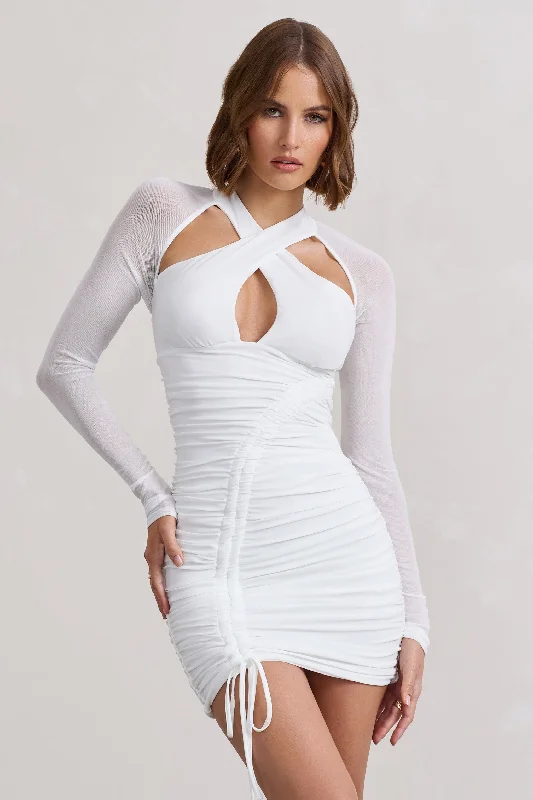 Eyes On You | White Long Sleeve Halter Neck Mini Dress Elegant Mini Dress with Pleats