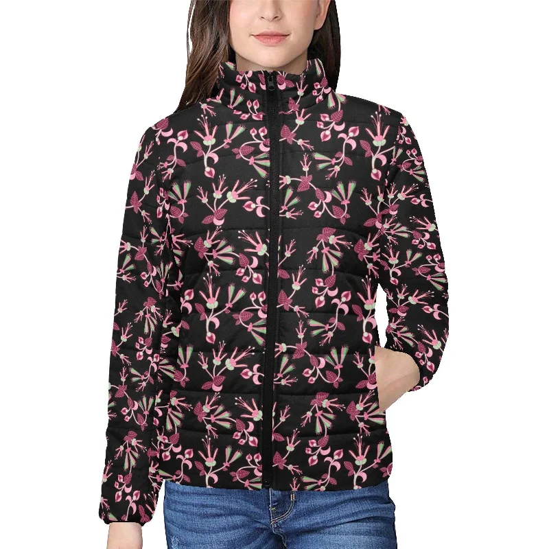 Floral Green Black Women's Stand Collar Padded Jacket Knit Fabric Woven Fabric Fleece Fabric