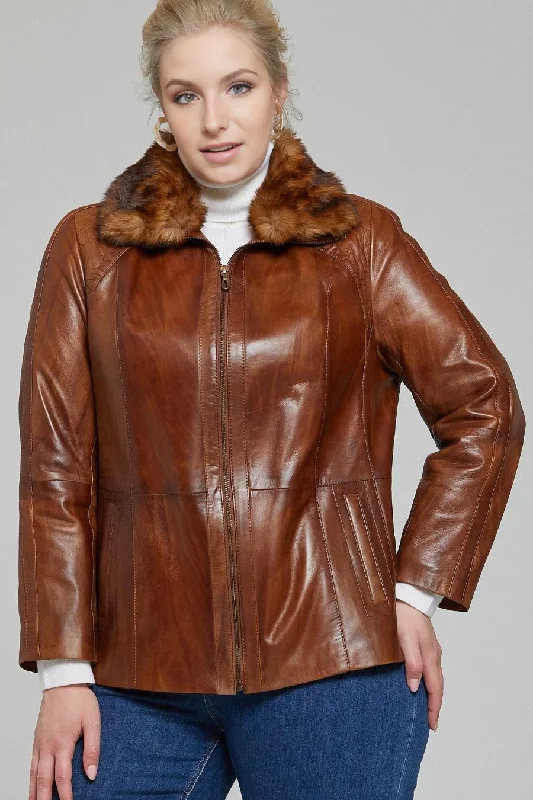 Gemma Original Fur Collar Brown Women Leather Jacket Front Pockets Side Pockets Patch Pockets