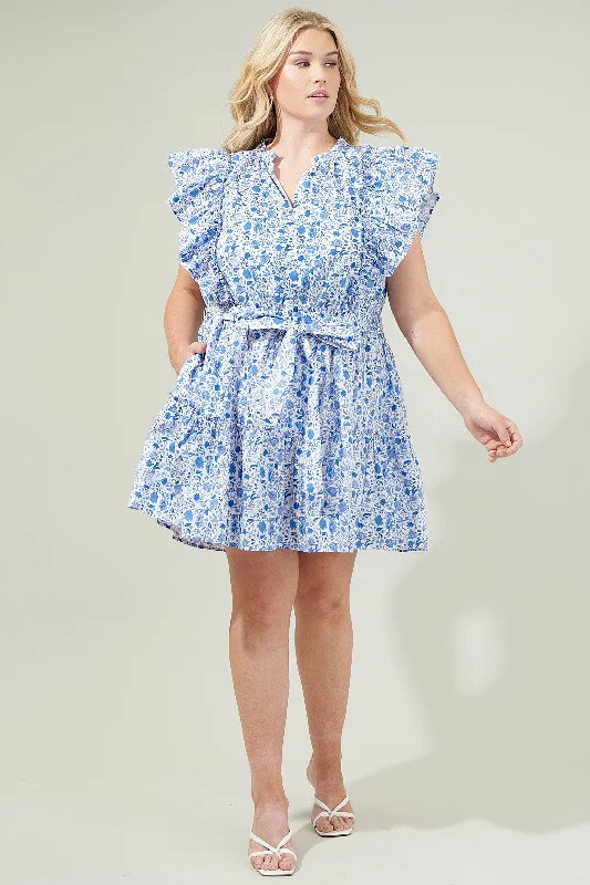 Hailey Floral Belted Mini Dress, Blue/White | Plus Size Classic Casual Mini Dress