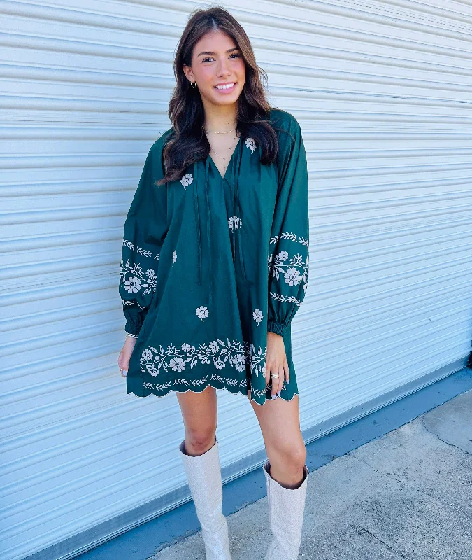 I JUST KNOW EMBROIDERED GREEN MINI DRESS Trendy Button-Detail Mini Dress