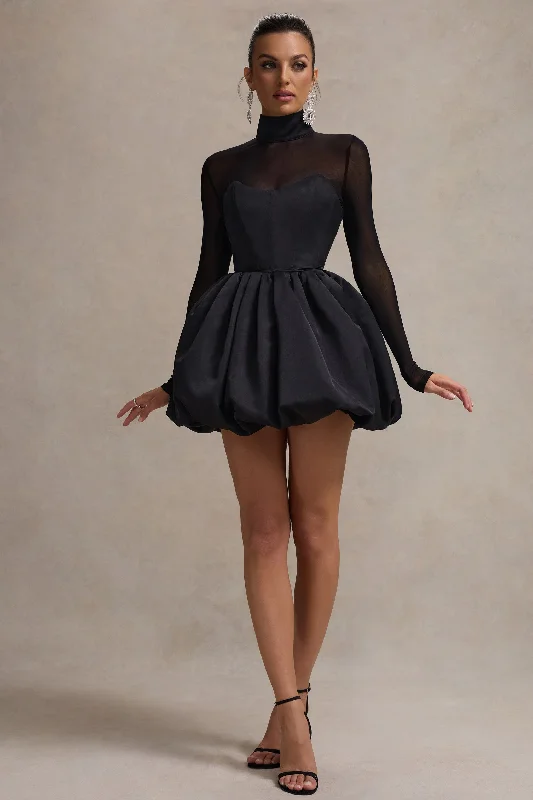 Jupiter | Black Satin High-Neck Mini Dress With Sheer Sleeves Comfortable Shift Mini Dress