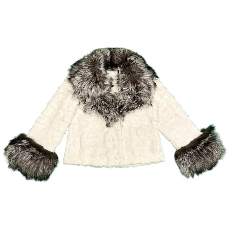 Kashani Women's White Diamond Cut Mink Silver Fox Fur Jacket Denim Jacket Leather Jacket Suede Jacket