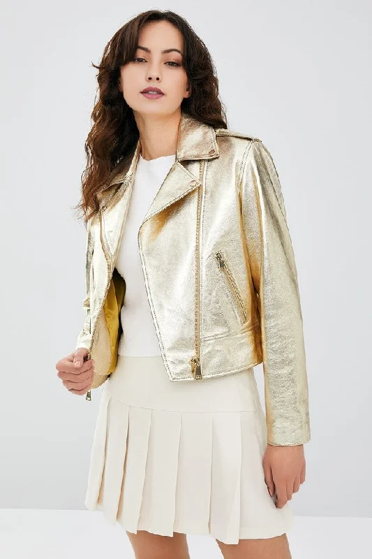 Lady Brando Golden Biker Leather Jacket Satin Jacket Silk Jacket Chiffon Jacket