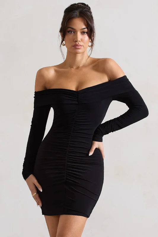 Leola | Black Ruched Bodycon Bardot Long Sleeve Mini Dress Comfortable Fit-and-Flare Mini Dress