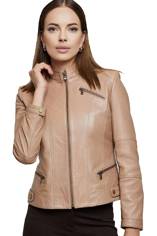 Leona Fossil Tan Leather Jacket For Women Cardigan Sweater Pullover