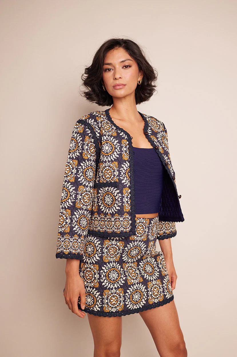 Marissa Jacket - Blue Med Tile Collared Jacket Crew Neck Jacket Turtle Neck Jacket