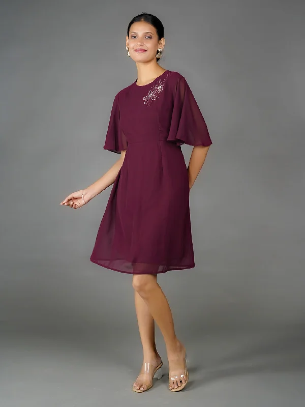 Maroon Solid Embroidered Flared Mini Dress Elegant Velvet Mini Dress