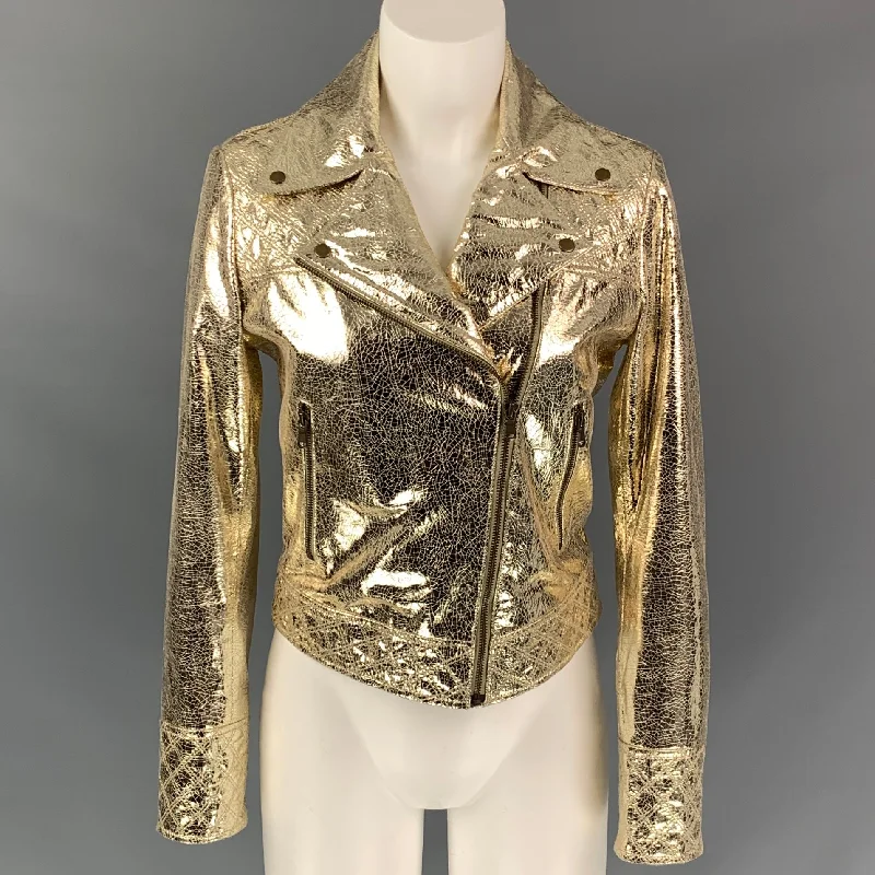 METEO Size XS Gold Leather Metallic Lamb Skin Biker Jacket Tiered Jacket Buttoned Jacket Zippered Jacket