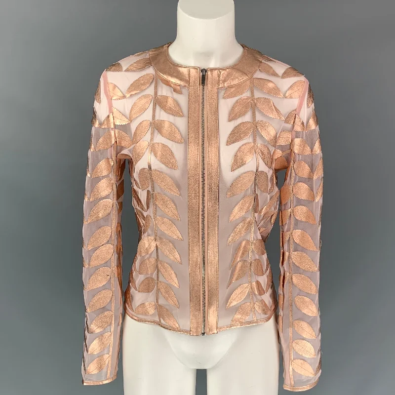 NEIMAN MARCUS The Leather Collection Size XS Rose Gold Leather See Through Metallic Jacket Boat Neck Shawl Collar Notched Collar