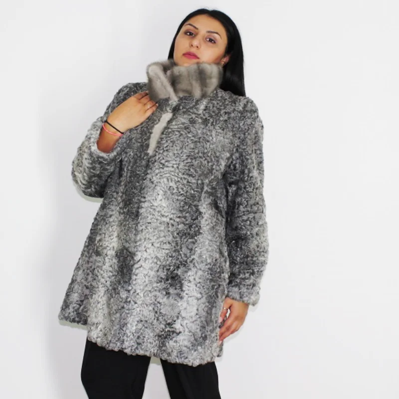 NI Astrakhan grey jacket with sapphire mink collar Insulated Jacket Fitted Jacket Loose Jacket