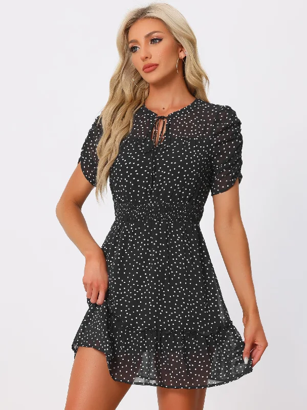 Chiffon Ruched Sleeves Bow Tie Keyhole Shirred Polka Dots Mini Dress Classic Shift Mini Dress