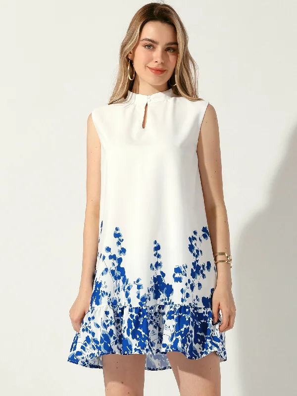 Floral Printed Ruffled Hem Sleeveless Mini Dress Modern Satin Mini Dress