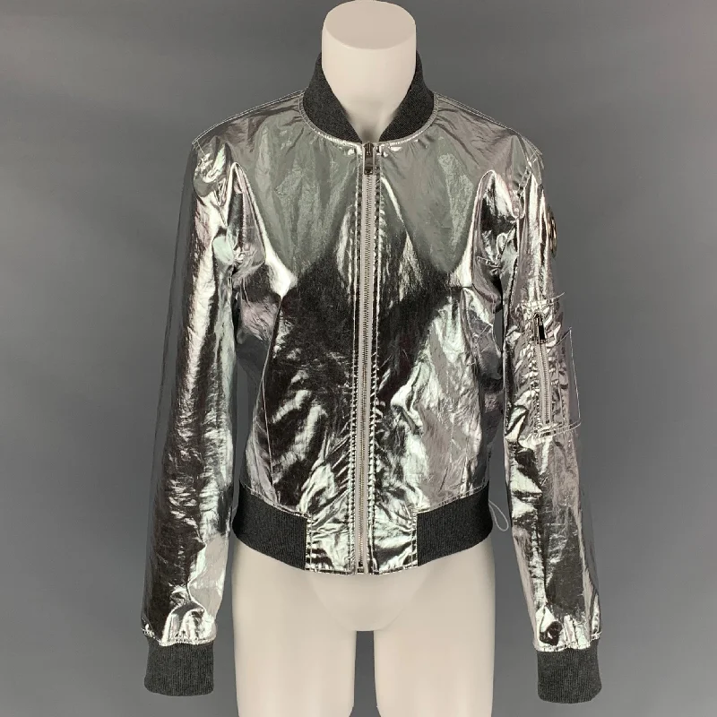 PACO RABANNE Size M Silver Cotton / Polyurethane Metallic Bomber Jacket Belted Jacket Elasticated Jacket Padded Jacket