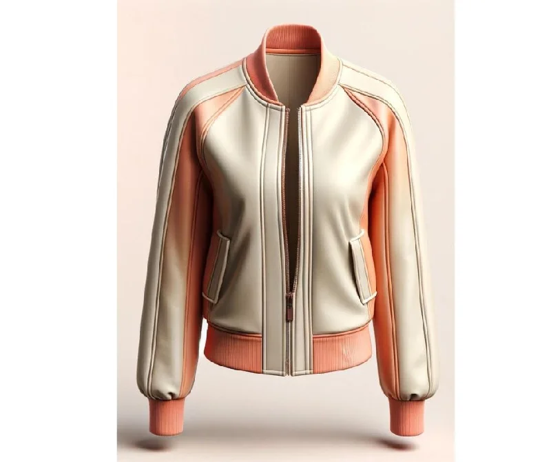 Peach & White Leather Jacket For Women Front Pockets Side Pockets Patch Pockets