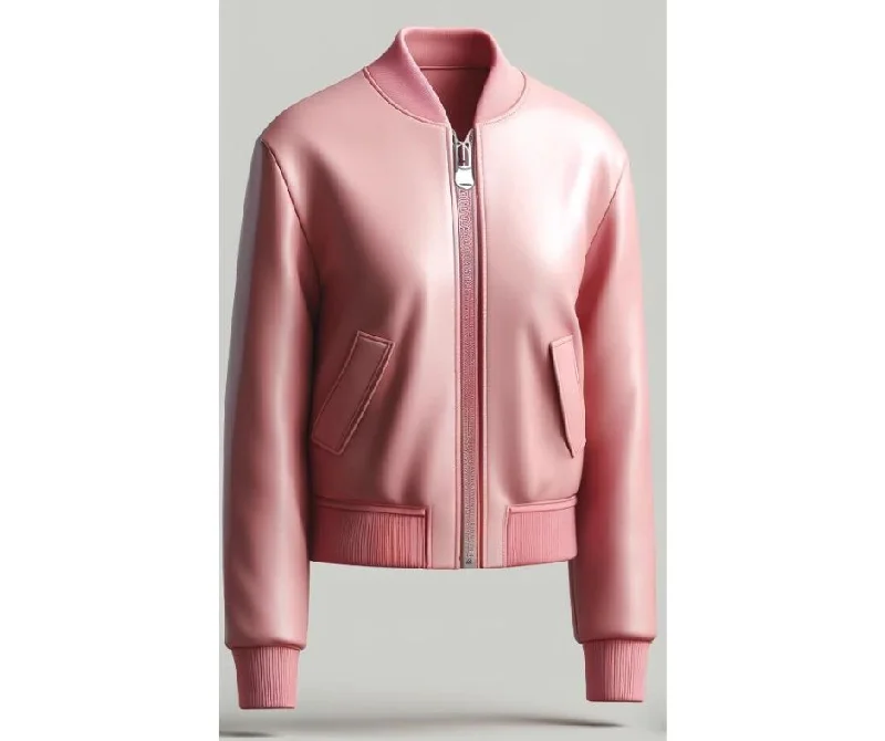 Pink Slim Fit Bomber Leather Jacket For Women Fleece Fabric Down Fabric Feather Fabric