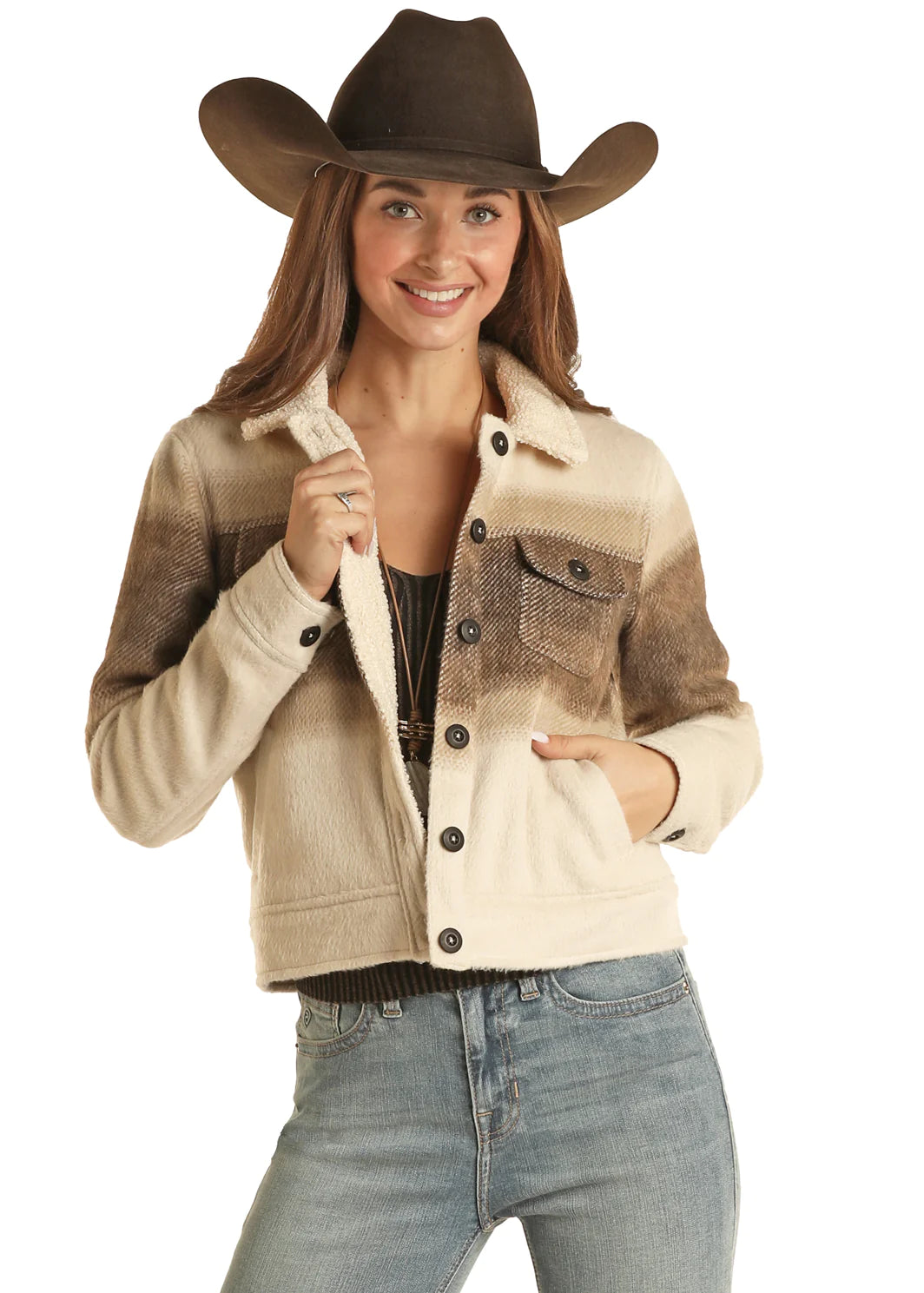 Powder River® Women's Brown Button Front Sherpa Jacket Zippered Jacket Buttoned Jacket Snapped Jacket