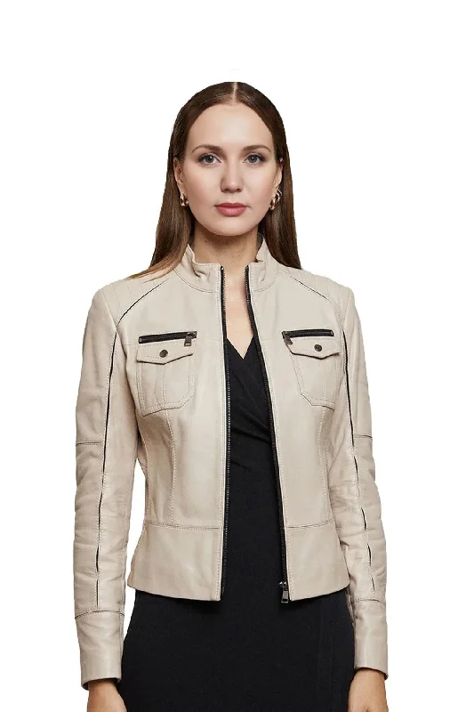 Priscilla Beige Leather Jacket for Women Welt Pockets Slit Pockets Flap Pockets