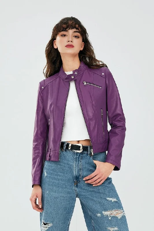 Purple Stylish Motor Bike Leather Jacket For Women Bomber Jacket Anorak Windbreaker