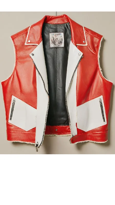 Red & White Vest Leather Jacket For Women Cardigan Sweater Pullover