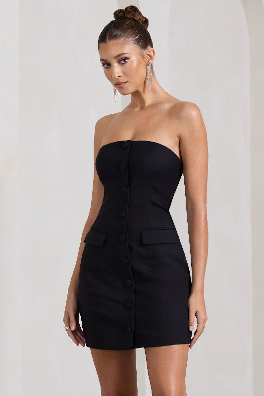 Rina | Black Strapless Tailored Mini Dress With Button Front Elegant Mini Dress with Pleats