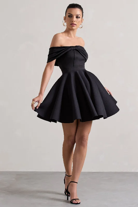 Snowfall | Black Bardot Bow Skater Mini Dress Elegant Vintage Mini Dress