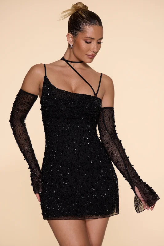 Embellished Asymmetric Corset Mini Dress in Black Cozy Knitted Mini Dress