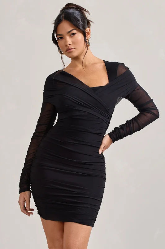 Sparks Fly | Black Ruched Mesh Long-Sleeved Bodycon Mini Dress Stylish Sweetheart Mini Dress