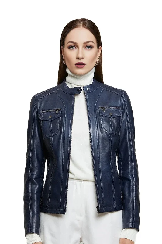 Stephanie Fit Blue Leather Jacket For Women Stand-Up Collar Roll-Neck Collar Turtle Neck