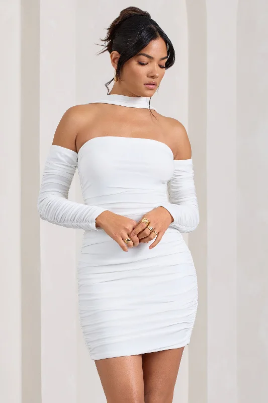 Thea | White Ruched Long-Sleeved Bodycon Mini Dress With Halter Collar Trendy Mesh Mini Dress