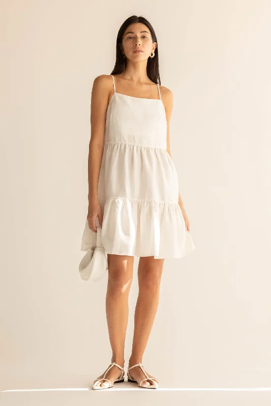 LINEN BLEND TIERED MINI DRESS Comfortable Off-Shoulder Mini Dress