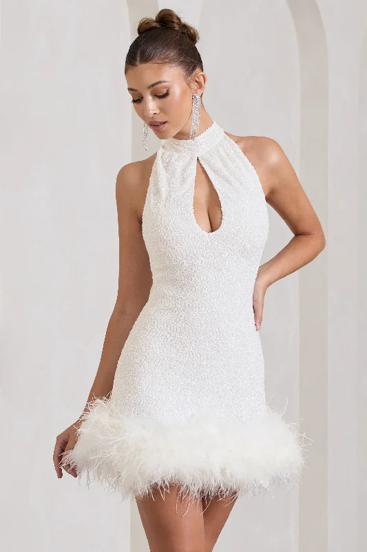 Tillie | White Sequin High Neck Trapeze Mini Dress With Feather Hem Detail Fashionable Party Mini Dress