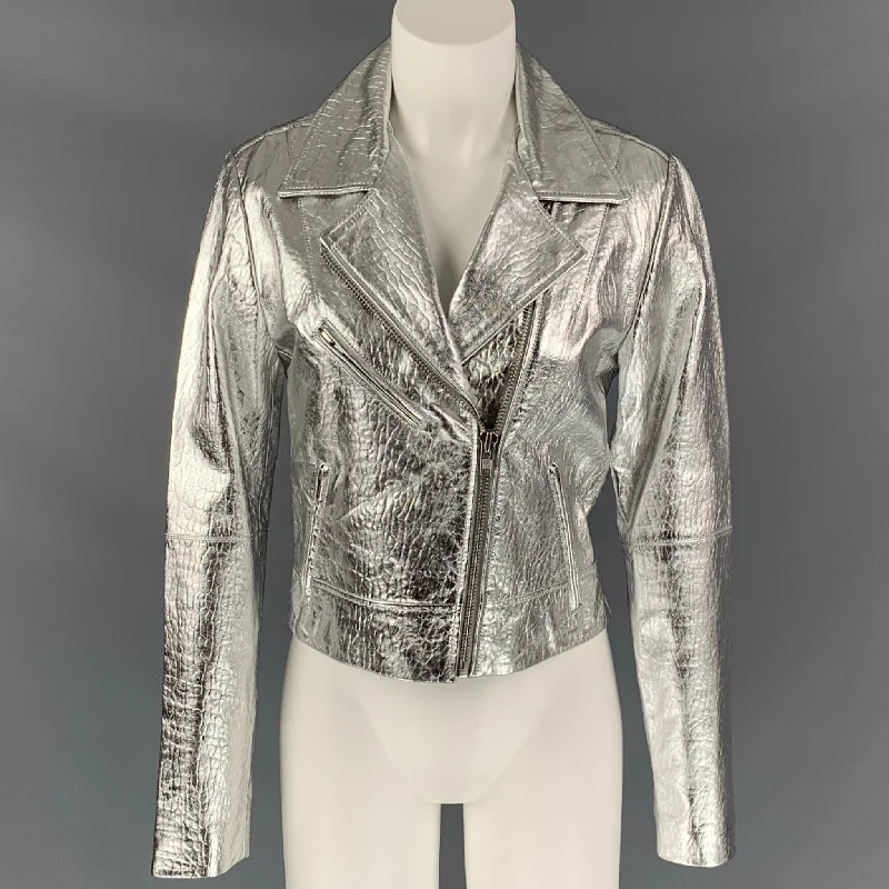 VEDA Size M Silver Leather Metallic Biker Jacket Oversized Jacket Tailored Jacket Straight Jacket