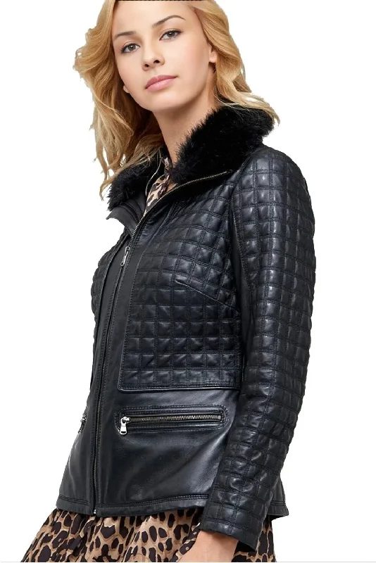 Victoria Black Quilted Leather Jacket For Women Herringbone Jacket Houndstooth Jacket Plaid Jacket