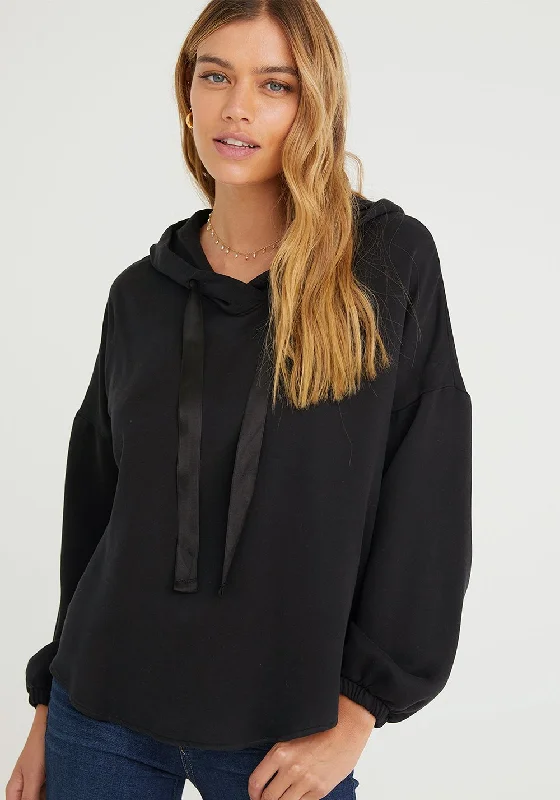 Bella Dahl Long Sleeve V-Neck Hoodie Black Hoodie with Thumb Holes Functional Cozy