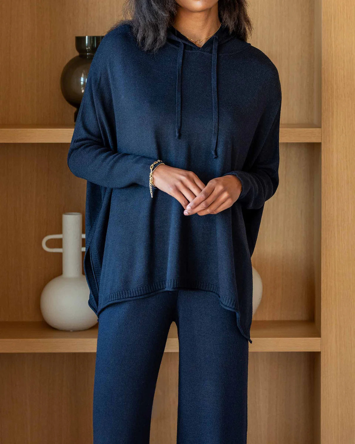 Mersea Catalina Hoodie Navy Hoodie with Tied Waist Feminine Flattering