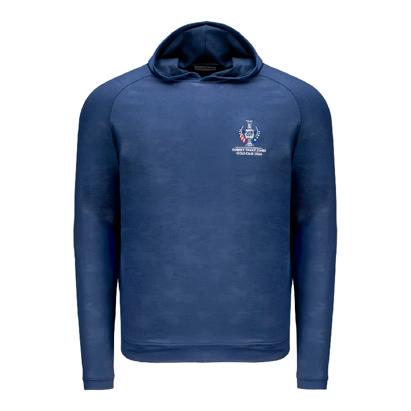 Peter Millar 2024 Solheim Cup Pine Camo Pattern Performance Hoodie in Navy Hoodie with Hem Drawcord Adjustable Customizable