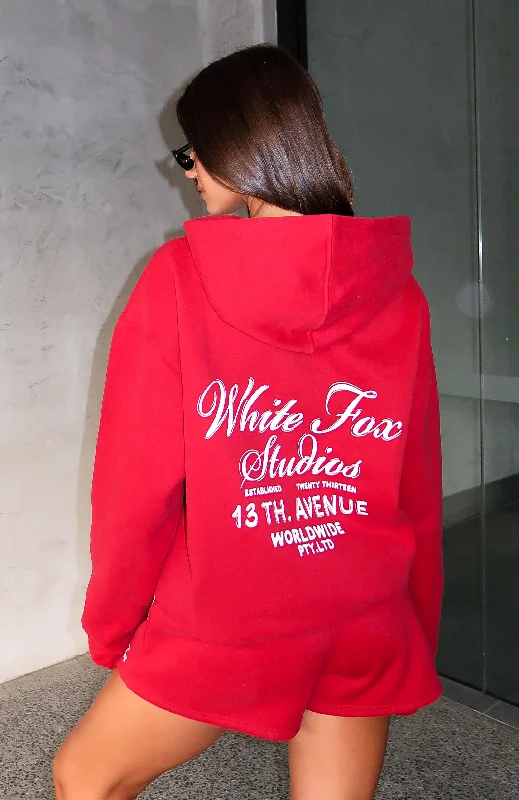 13th Avenue Oversized Hoodie Red Hoodie with Longline Fit Extended Stylish