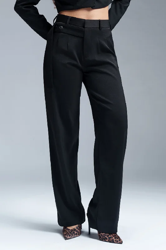 Black Nova Strap Detailed Korean Pants Stretch Fit Pants