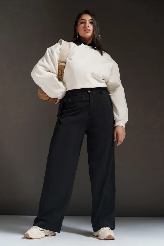 Black Quill Curve Strap Detailed Korean Pants Cozy Full-Length Pants