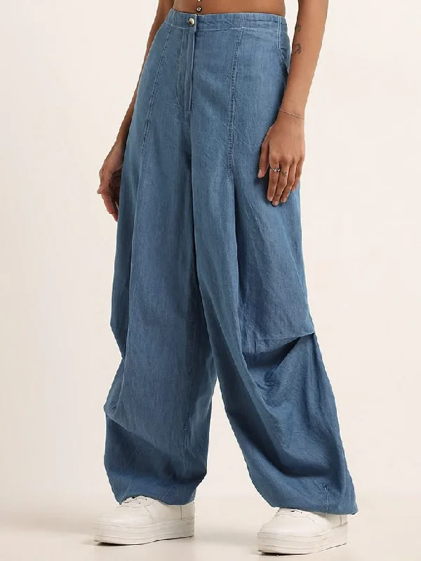 Bombay Paisley Blue Baggy High-Rise Pants Trendy Tapered Pants