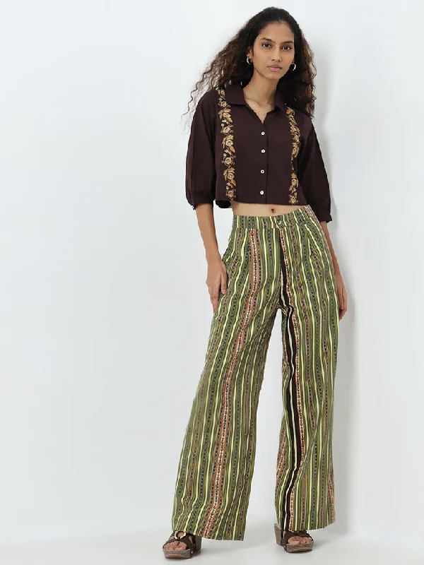 Bombay Paisley Green Striped High-Rise Cotton Blend Pants Relaxed Fit Trousers