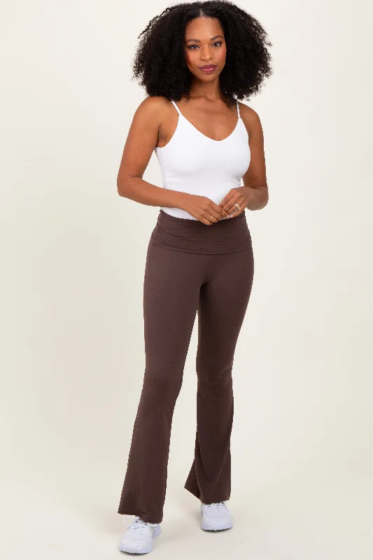 Brown Fold Over Waistband Flared Pants Trendy Tapered Pants