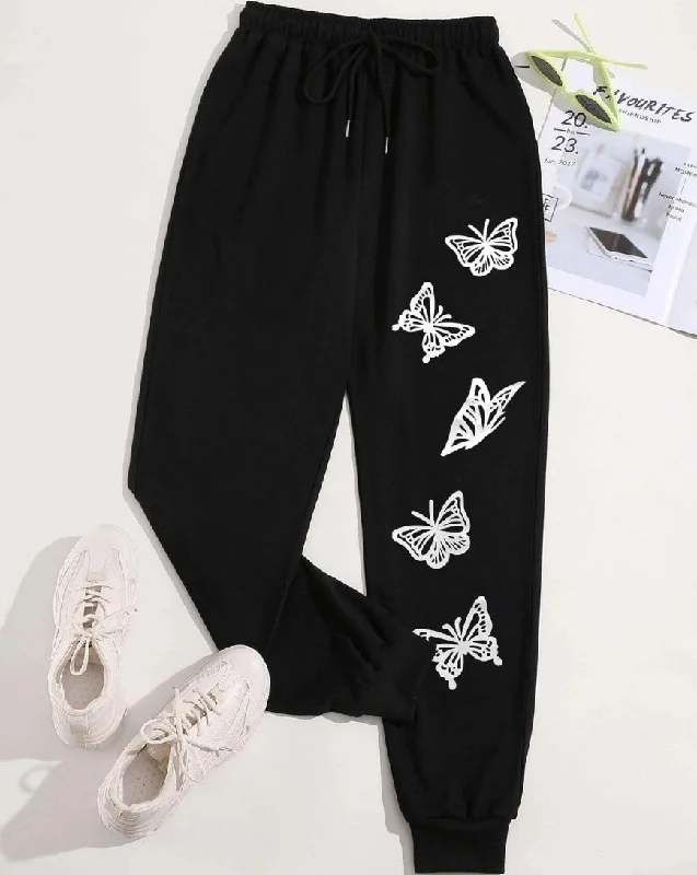 Butterfly Print Drawstring Waist Jogger Pants - Black Classic Cropped Pants