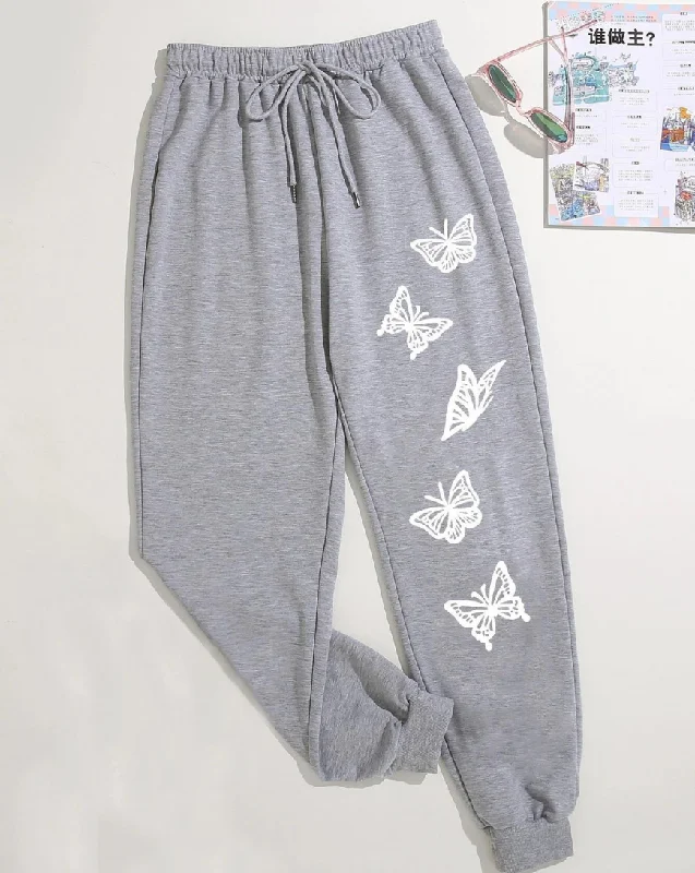 Butterfly Print Drawstring Waist Jogger Pants - Grey Casual Plaid Pants