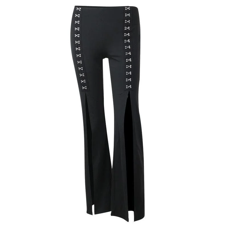 Button slit ruched solid stitch medium rise pant- Final Sale Fashionable Tapered Leg Pants