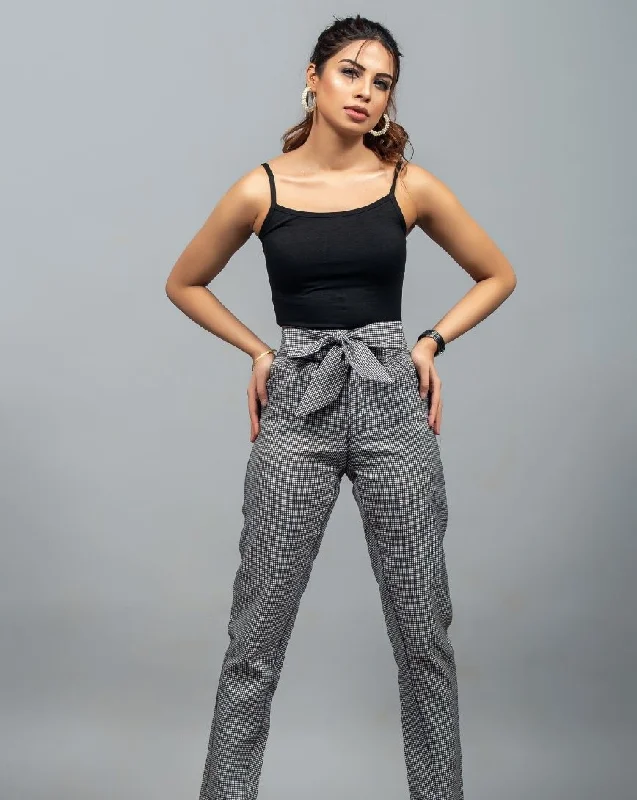 Checkered Plaid Belted Straight Pants Cozy Full-Length Pants