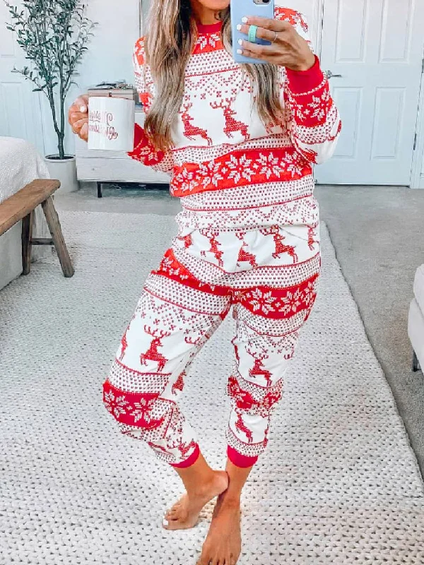 Christmas Element Round Neck Top and Pants Set Casual Wide Pants